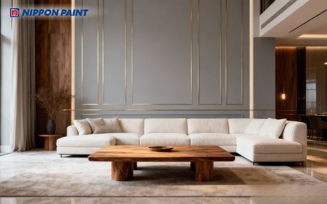 Phòng khách sơn màu trắng kem điểm vàng đất, sang trọng hợp phong thủy