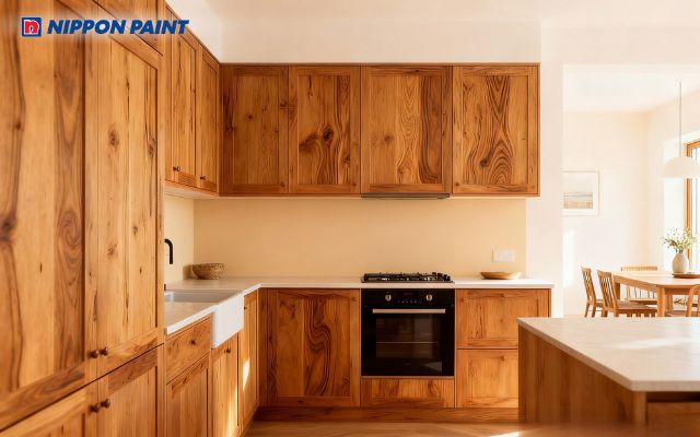 Bếp màu kem nhạt kết hợp nội thất màu gỗ, tạo không gian ấm cúng, gần gũi