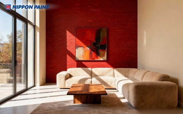 Phòng khách sơn đỏ gạch, tạo điểm nhấn mạnh mẽ cho không gian