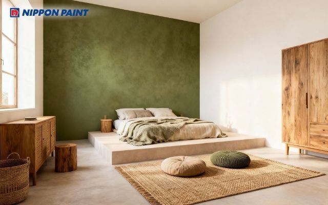 Xanh lá olive kết hợp nội thất gỗ, phong cách tự nhiên hợp phong thủy cho phòng ngủ