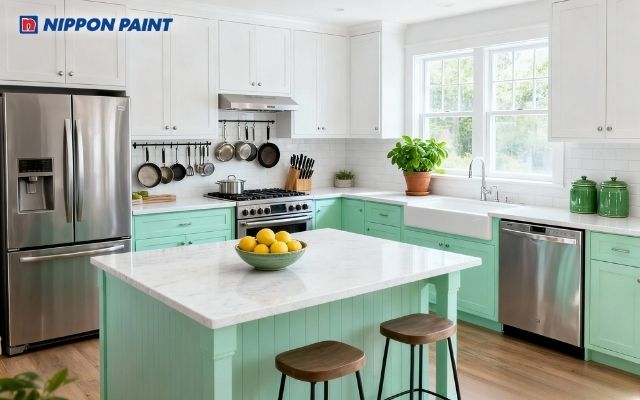 Xanh mint kết hợp trắng sứ, tạo không gian tươi mát, sạch sẽ cho phòng bếp