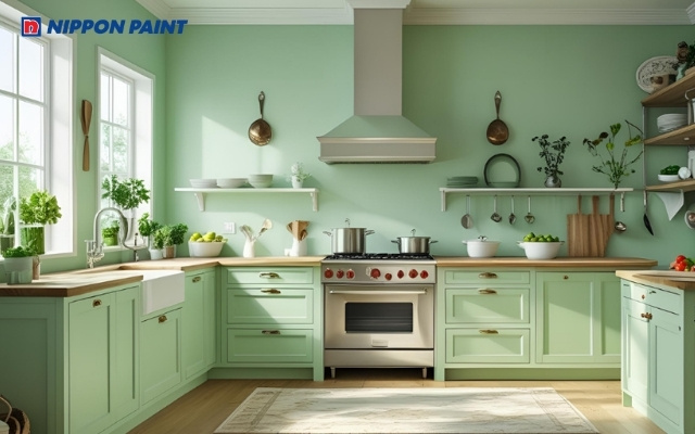 Không gian bếp sơn màu xanh lá pastel tươi mới, hợp phong thủy gia chủ 1994