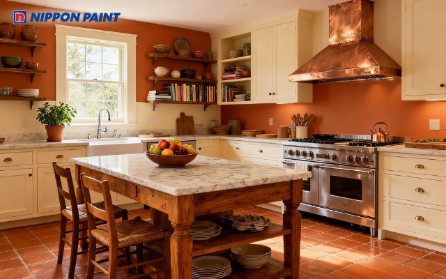 Phòng bếp sơn màu cam đất, mang đến cảm giác gần gũi, hợp phong thuỷ gia chủ 1994