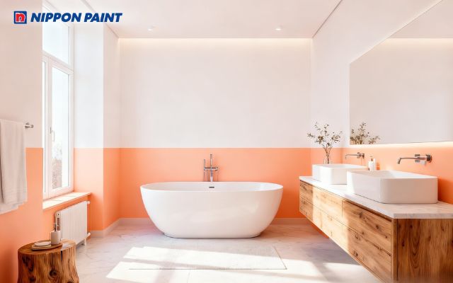 Phòng vệ sinh cam nhạt kết hợp trắng, tạo nên không gian tươi sáng và ấm áp