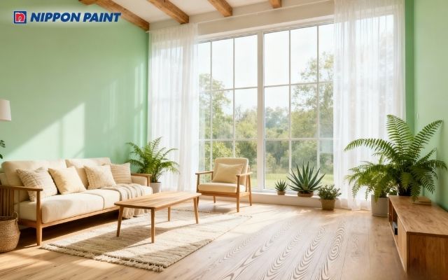 Không gian phòng khách màu xanh lá nhạt, mang lại cảm giác thư giãn và cân bằng phong thủy