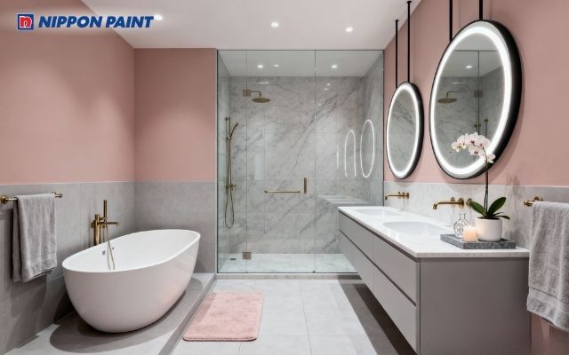 Phòng vệ sinh hồng pastel kết hợp xám nhạt, thanh lịch hiện đại