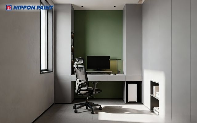 Không gian làm việc với điểm nhấn màu xanh olive, tạo sự chuyên nghiệp cho người mệnh Hoả