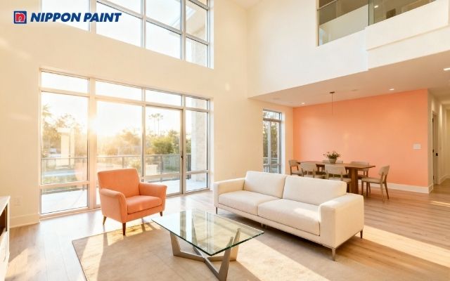 Phòng khách sơn màu cam nhạt, gam màu ấm áp giúp thu hút năng lượng tích cực