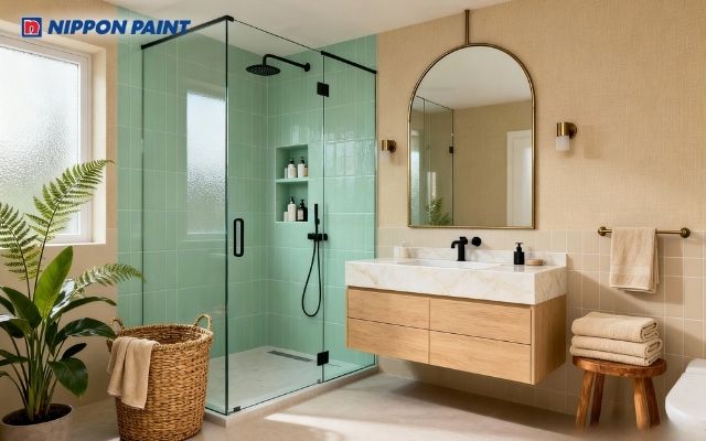 Phòng tắm sơn màu beige, kết hợp gạch xanh lá, gần gũi thiên nhiên