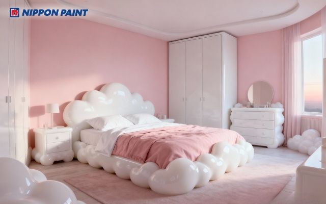 Phòng ngủ màu hồng pastel kết hợp trắng, nữ tính và lãng mạn