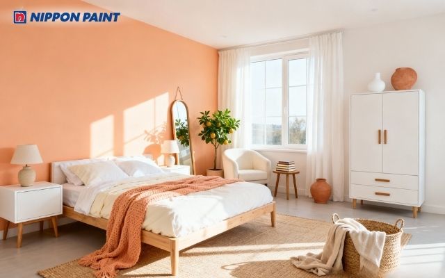 Phòng ngủ cam đất kết hợp trắng kem, tạo cảm giác ấm áp và dễ chịu