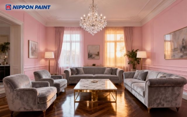 Không gian phòng khách sơn hồng pastel, nội thất nhung tạo cảm giác thanh lịch