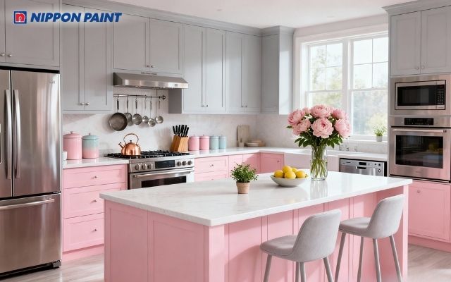 Phòng bếp phong cách nhẹ nhàng, nữ tính với gam màu hồng pastel kết hợp xám nhạt