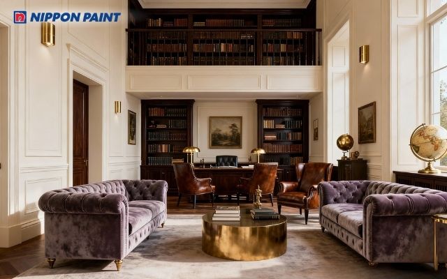 Phòng làm việc sơn màu trắng kem, kết hợp sofa tím nhung, thể hiện sự sang trọng và quý phái