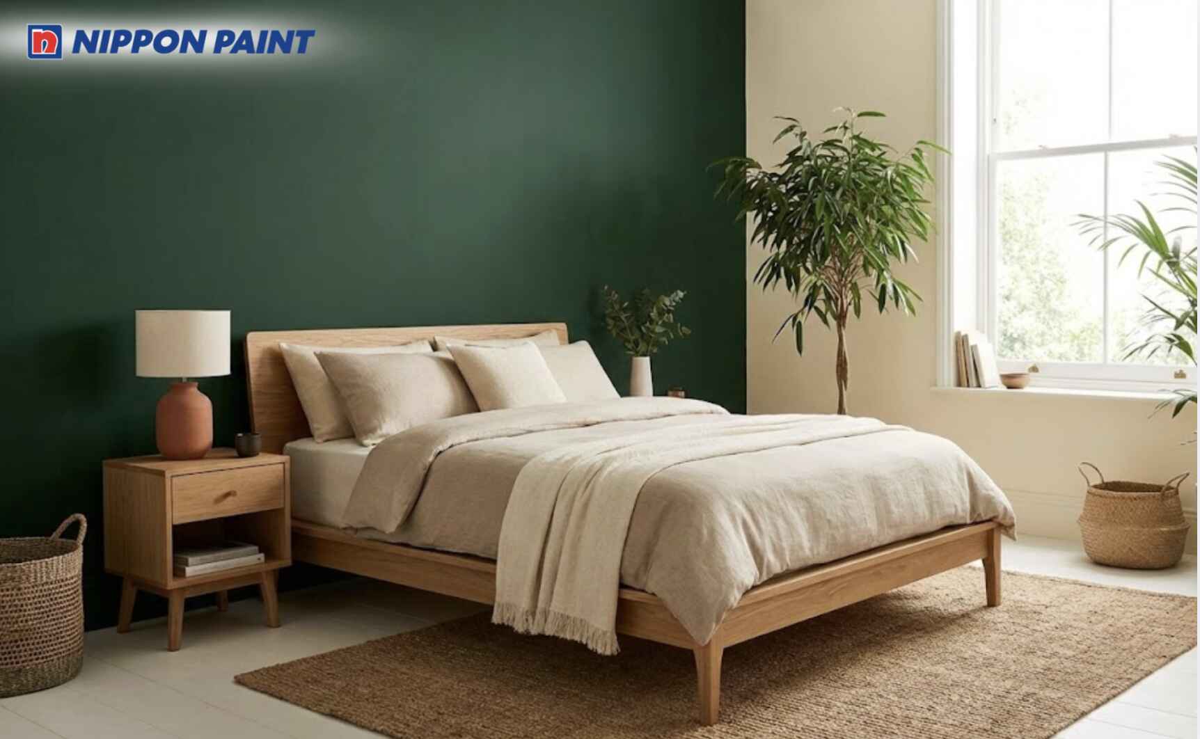 Phối kem sáng với xanh lá đậm giúp không gian nhẹ nhàng và dễ ngủ