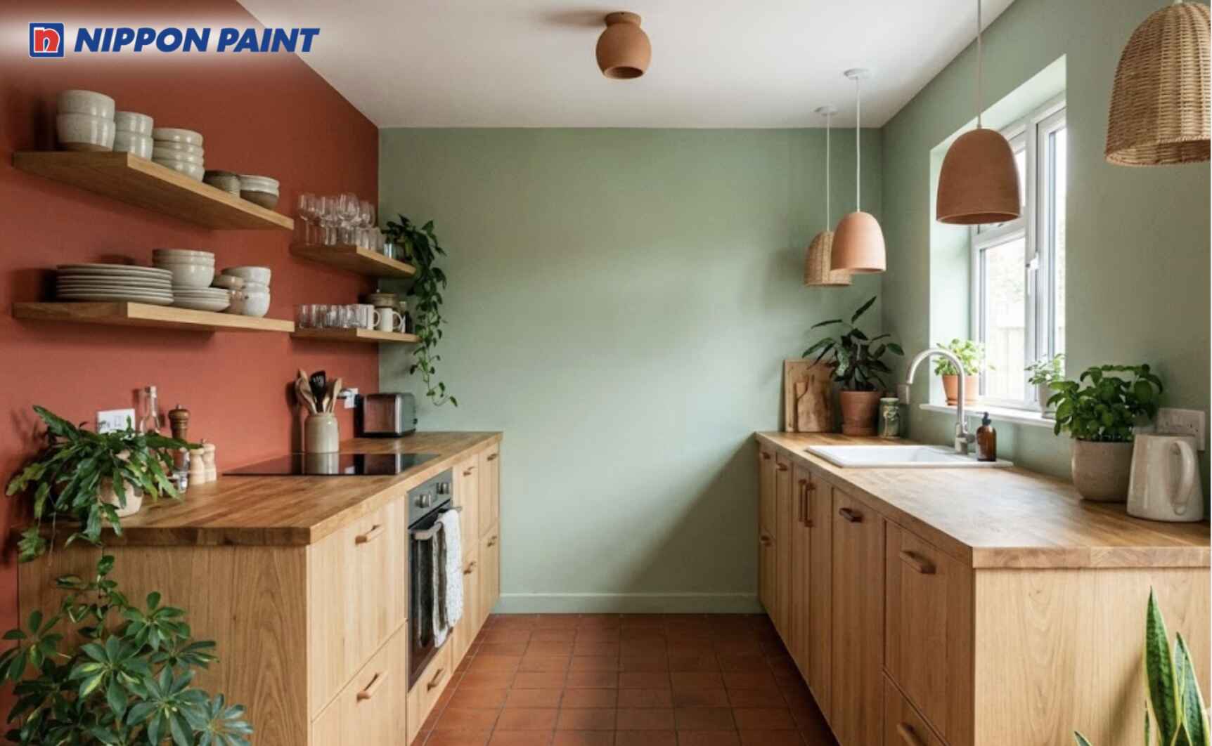 Kết hợp đỏ gạch và xanh lá nhạt mang lại vẻ hiện đại, gọn gàng