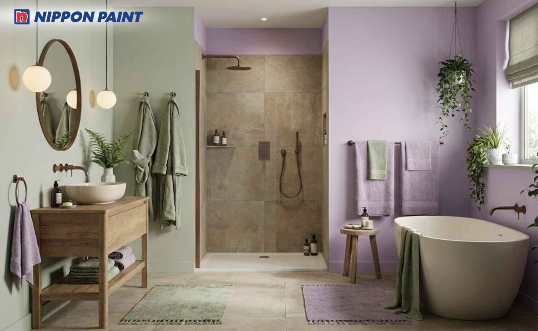 Sử dụng xanh ghi nhạt phối tím pastel giúp phòng vệ sinh của tuổi Hợi nhẹ mắt và thông thoáng