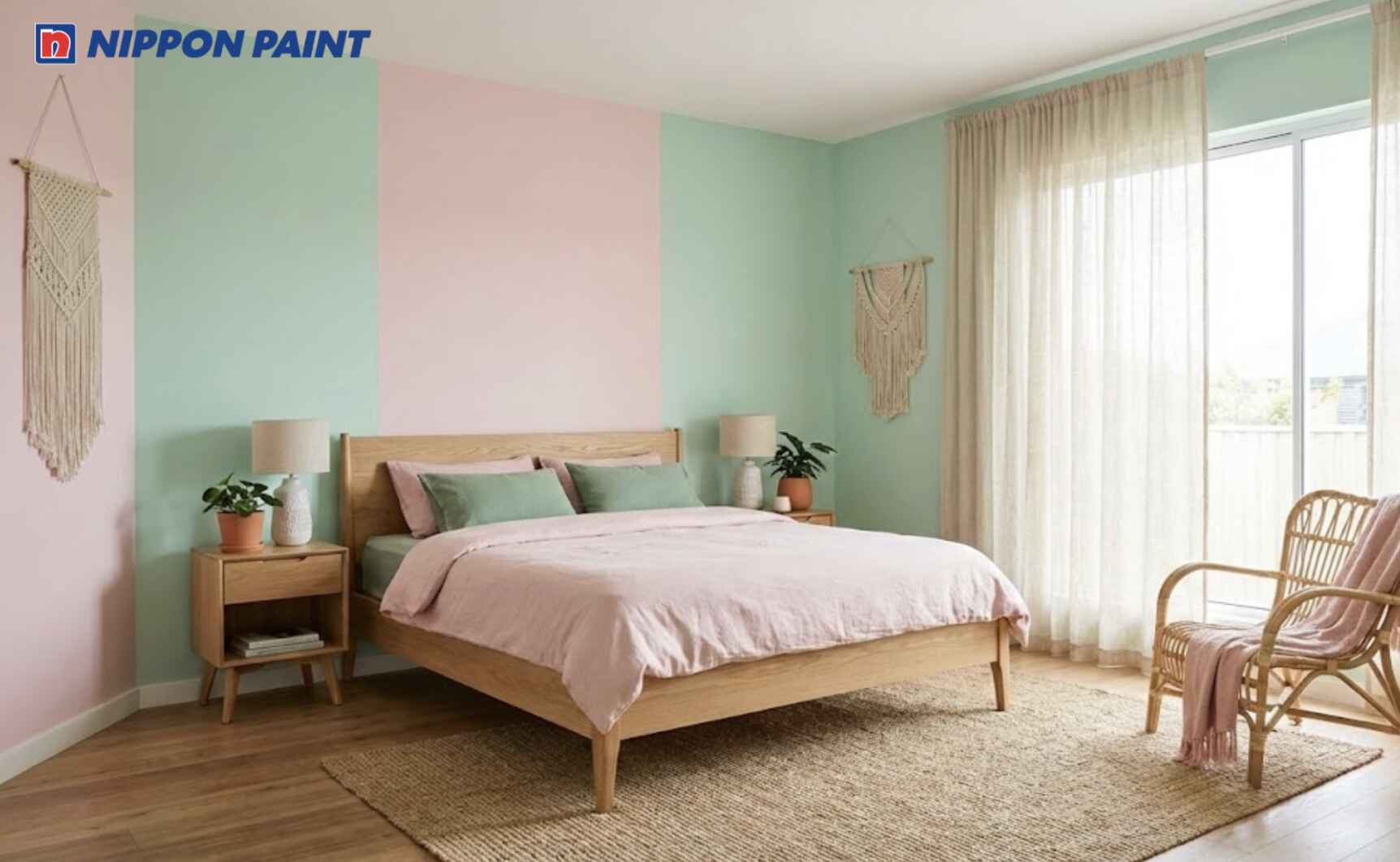 Kết hợp xanh lá nhạt với hồng pastel tạo cảm giác yên tĩnh khi nghỉ ngơi