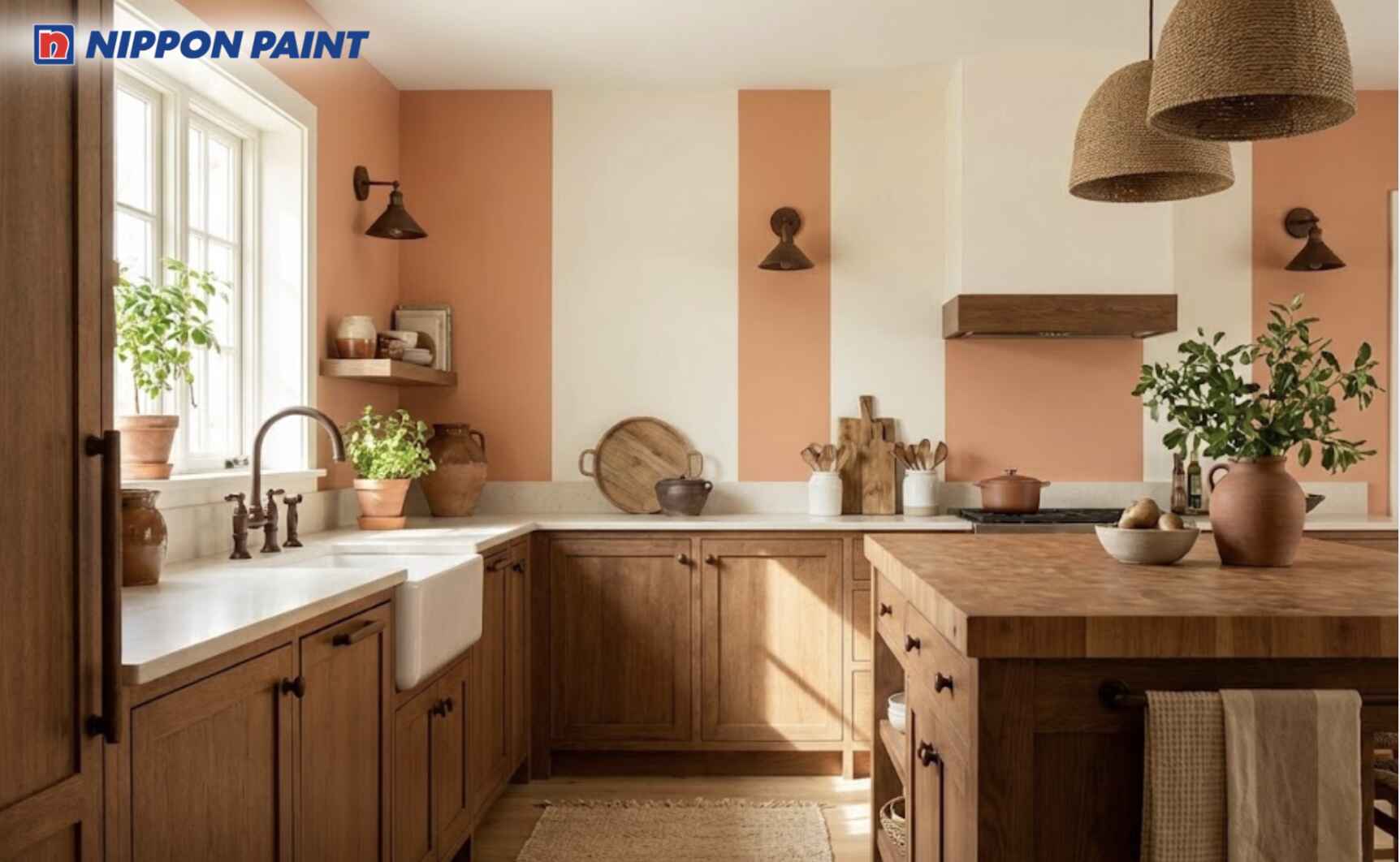 Kết hợp cam và nâu gỗ giúp không gian bếp của tuổi Hợi tươi mới, thoáng đãng