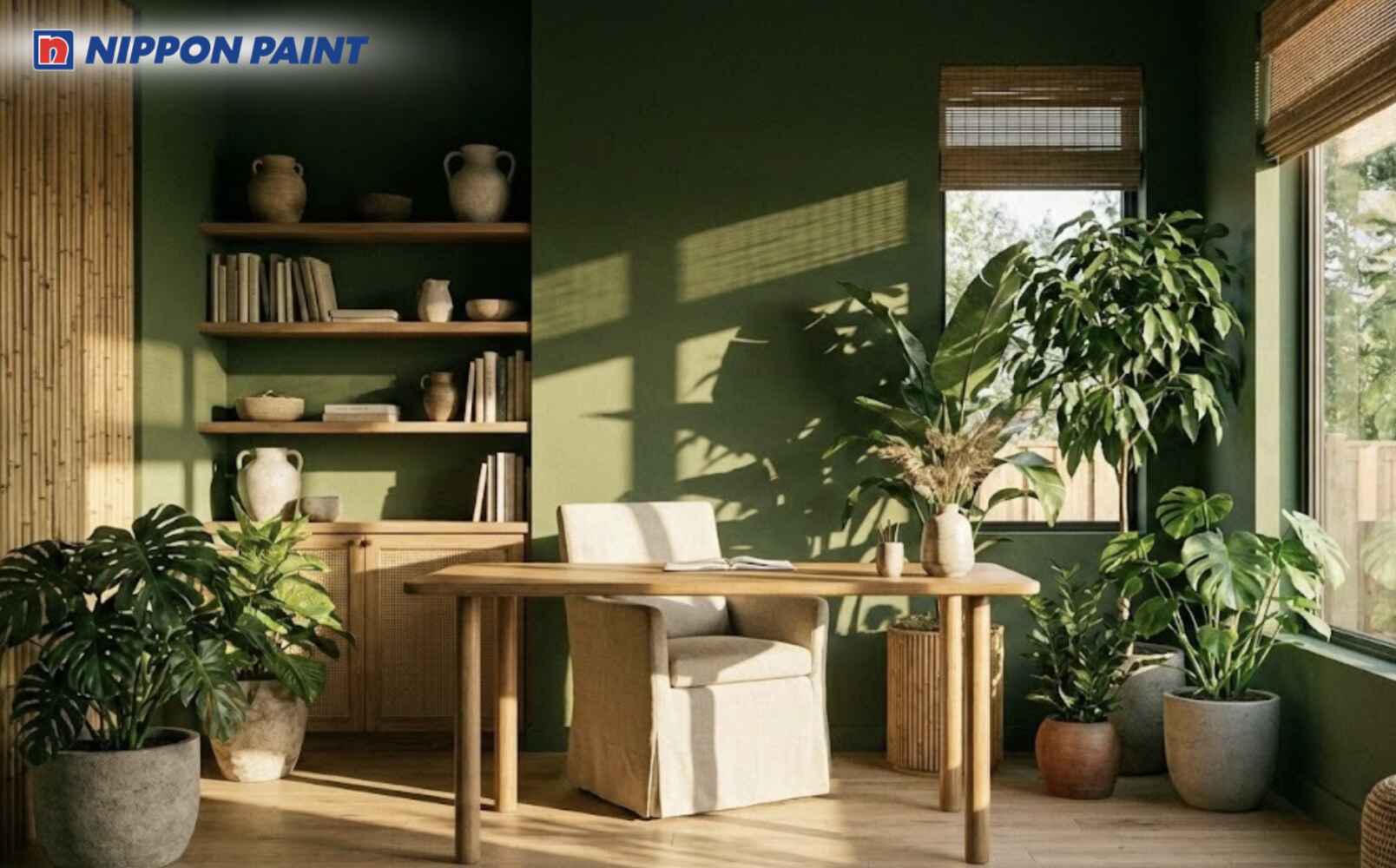 Phòng làm việc xanh rêu chủ đạo giúp tăng chiều sâu và sự ổn định cho phòng học tuổi Hợi 1995