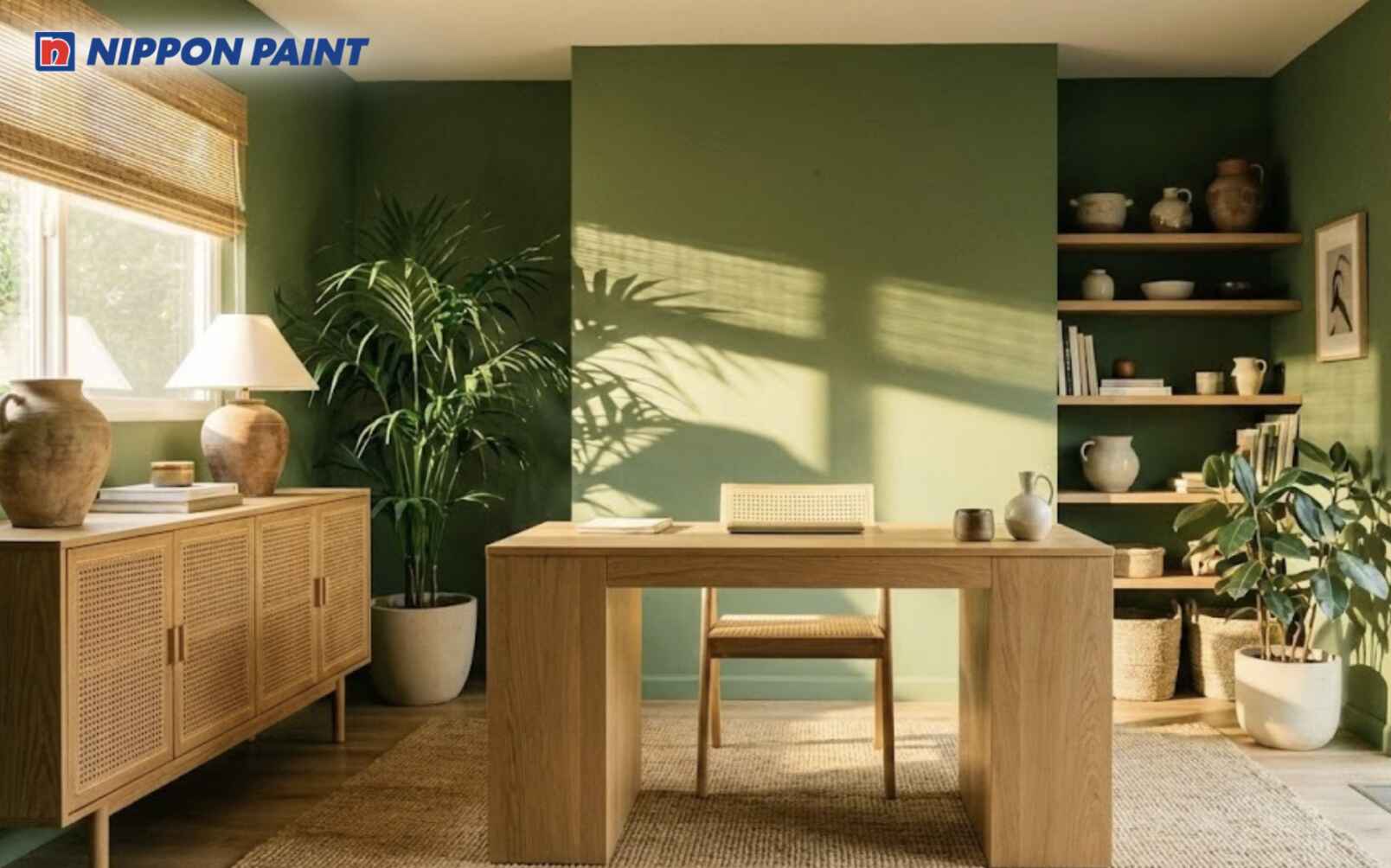 Phối xanh rêu với nội thất gỗ giúp không gian cân bằng và dễ chịu