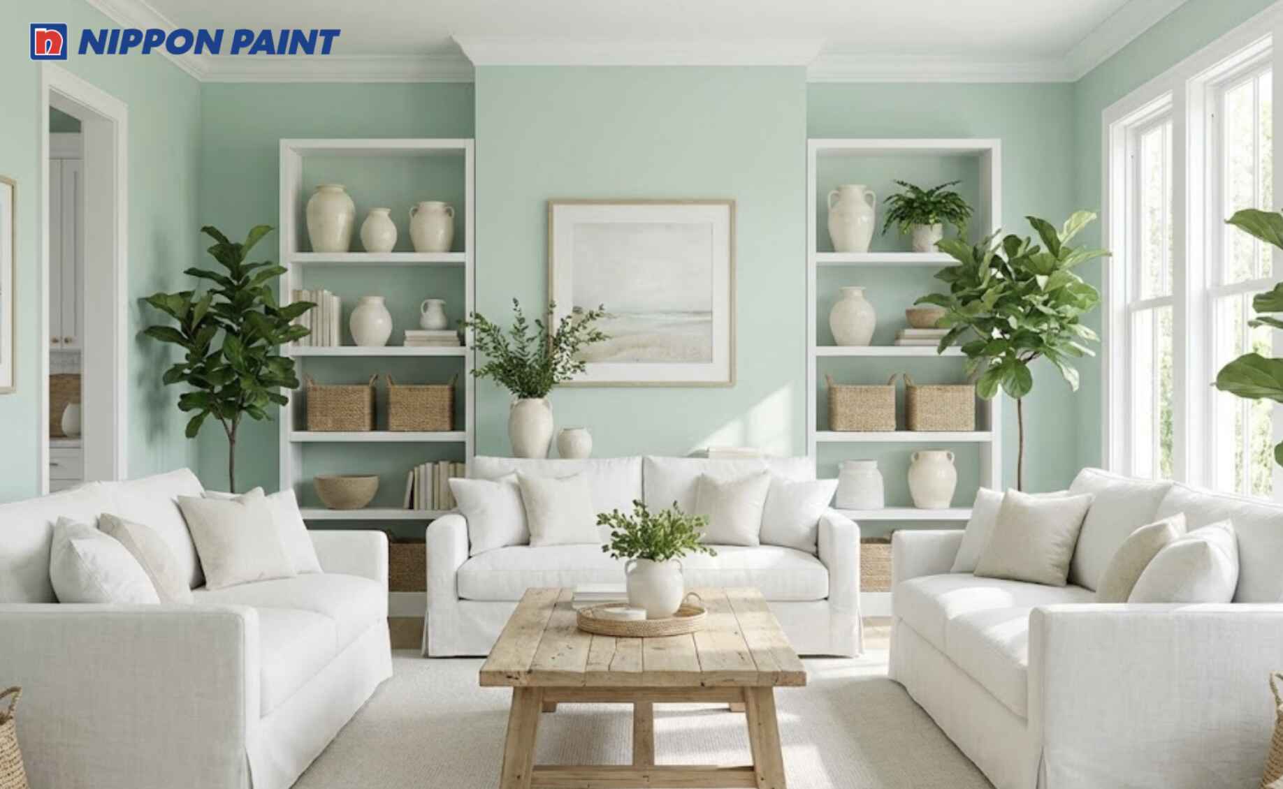 Gam xanh mint nhẹ kết hợp nội thất trắng giúp phòng khách dịu mắt, dễ chịu