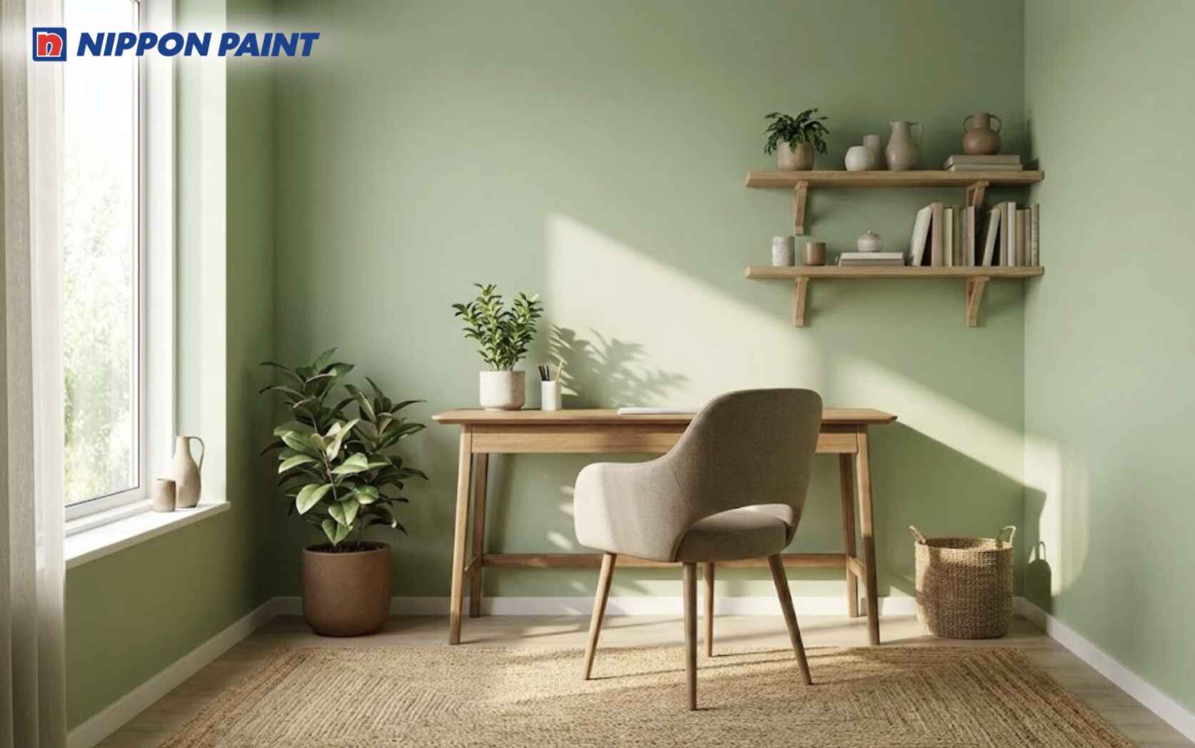 Kết hợp xanh lá nhạt và ánh sáng tự nhiên giúp làm việc thoải mái hơn
