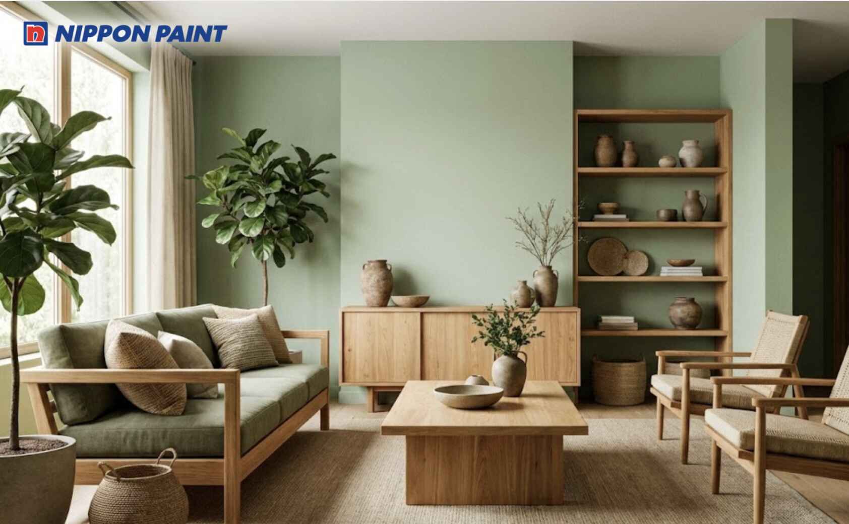 Tường xanh lá nhạt kết hợp nội thất gỗ mang đến sự ấm áp, gần gũi