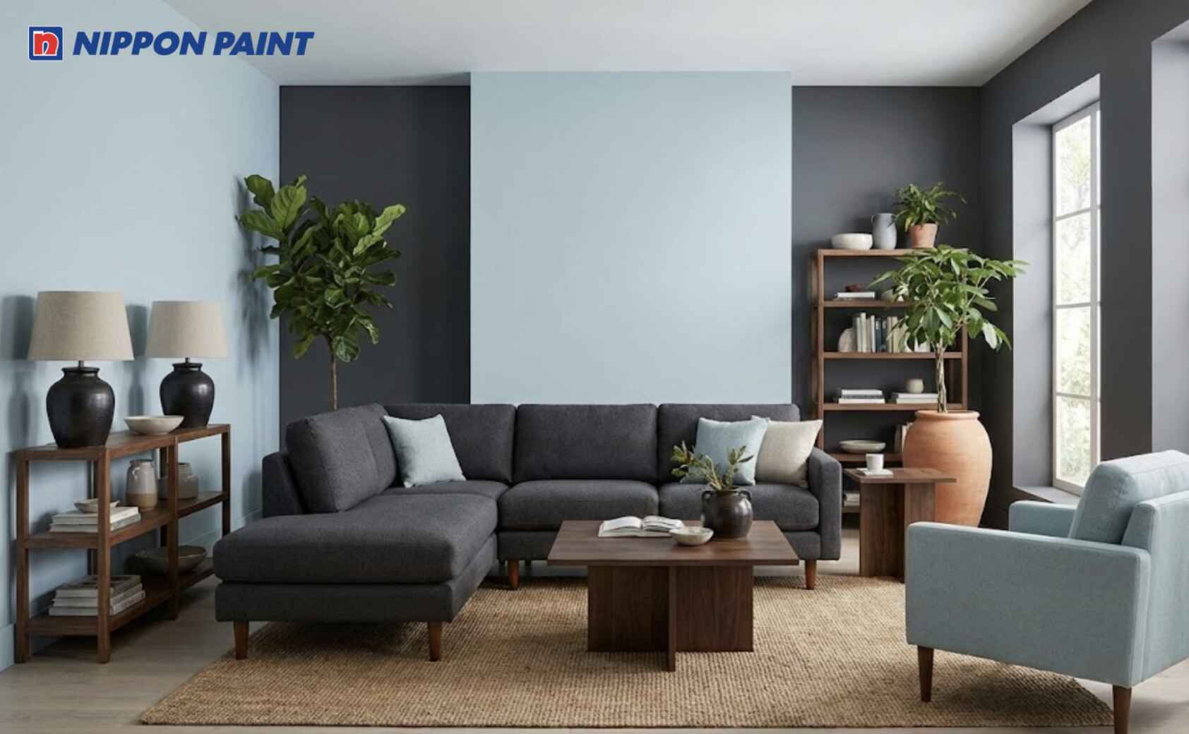 Tông xanh dương nhạt kết hợp xám ghi và chi tiết gỗ tạo cảm giác ổn định, hài hòa