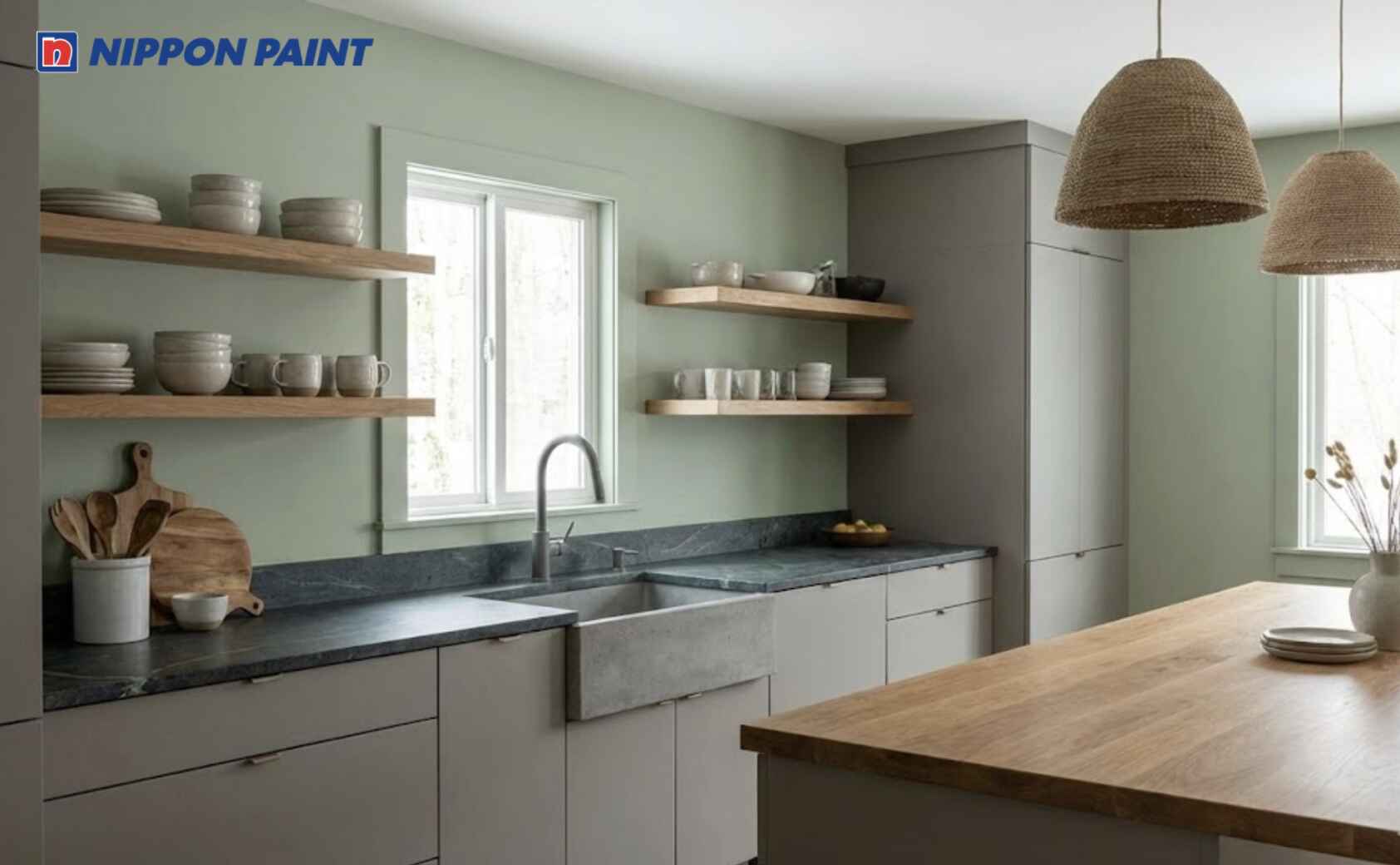 Xanh lá nhạt phối xám trung tính hỗ trợ cân bằng phong thủy phòng bếp