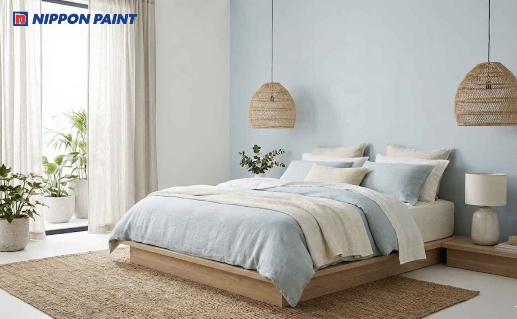 Tông xanh nhạt phối trắng tạo cảm giác thoáng đãng cho phòng ngủ Bính Tý 1996