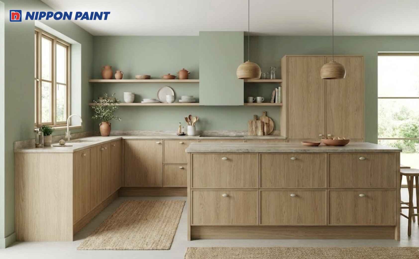 Phối xanh lá nhạt với vân gỗ sáng mang lại sự ấm cúng, gần gũi