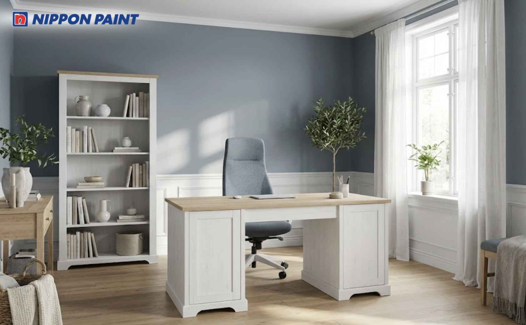 Gam xanh xám kết hợp trắng sáng tạo cảm giác gọn gàng và ổn định tinh thần