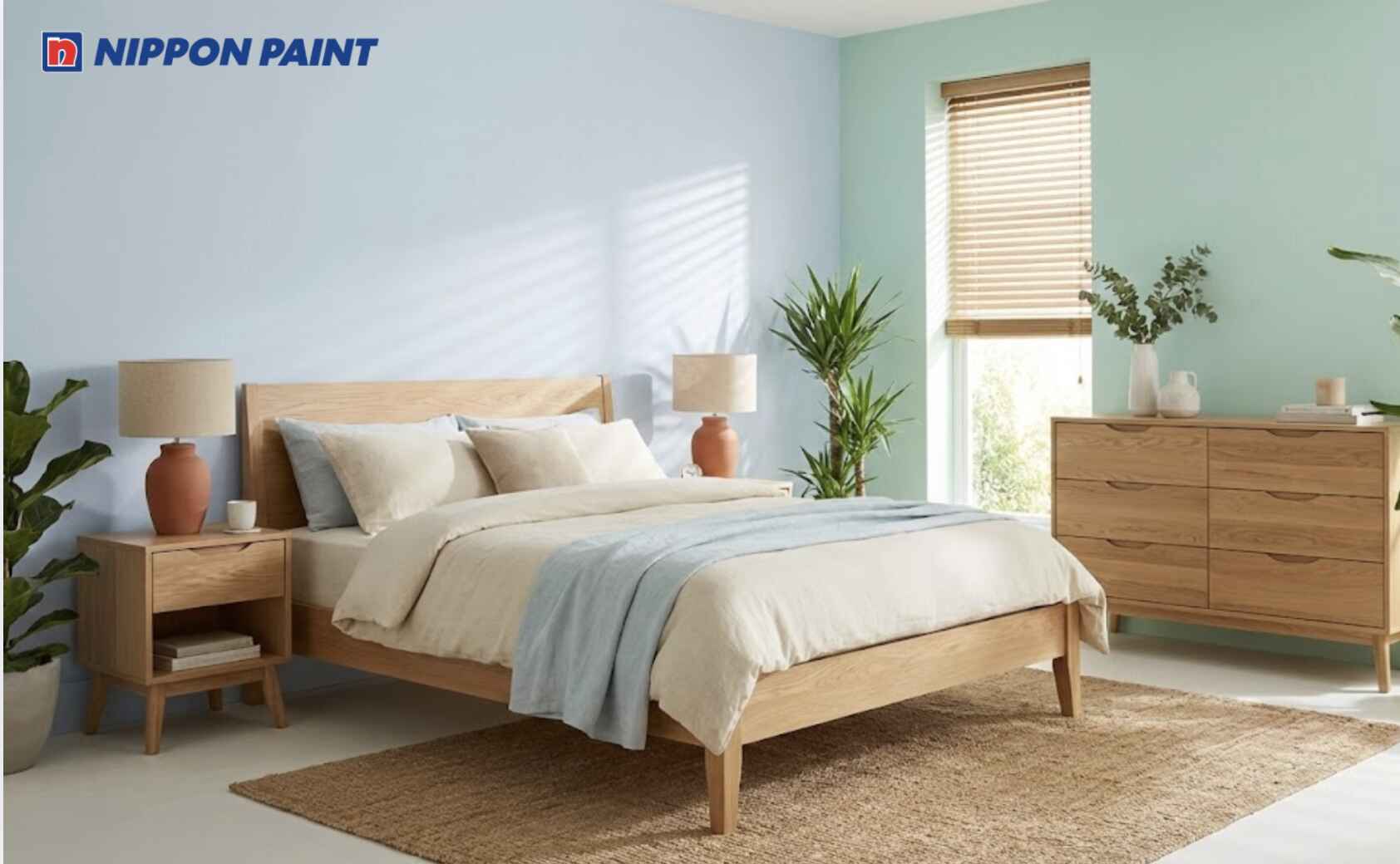 Gam xanh pastel kết hợp nội thất gỗ sáng mang đến cảm giác ấm áp, nhẹ nhàng