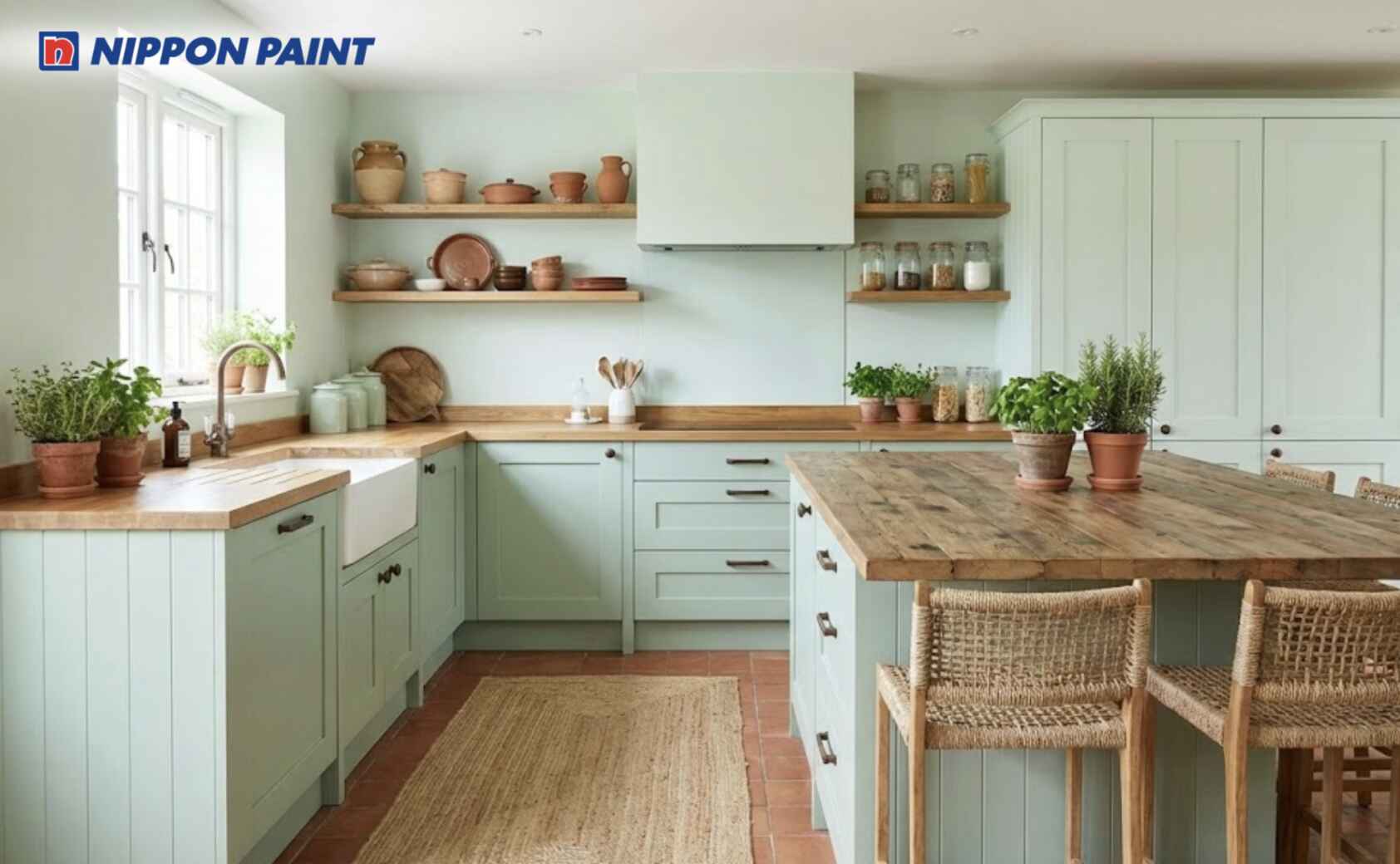 Phối xanh lá nhạt cùng xanh pastel và chi tiết trắng dễ duy trì năng lượng tích cực