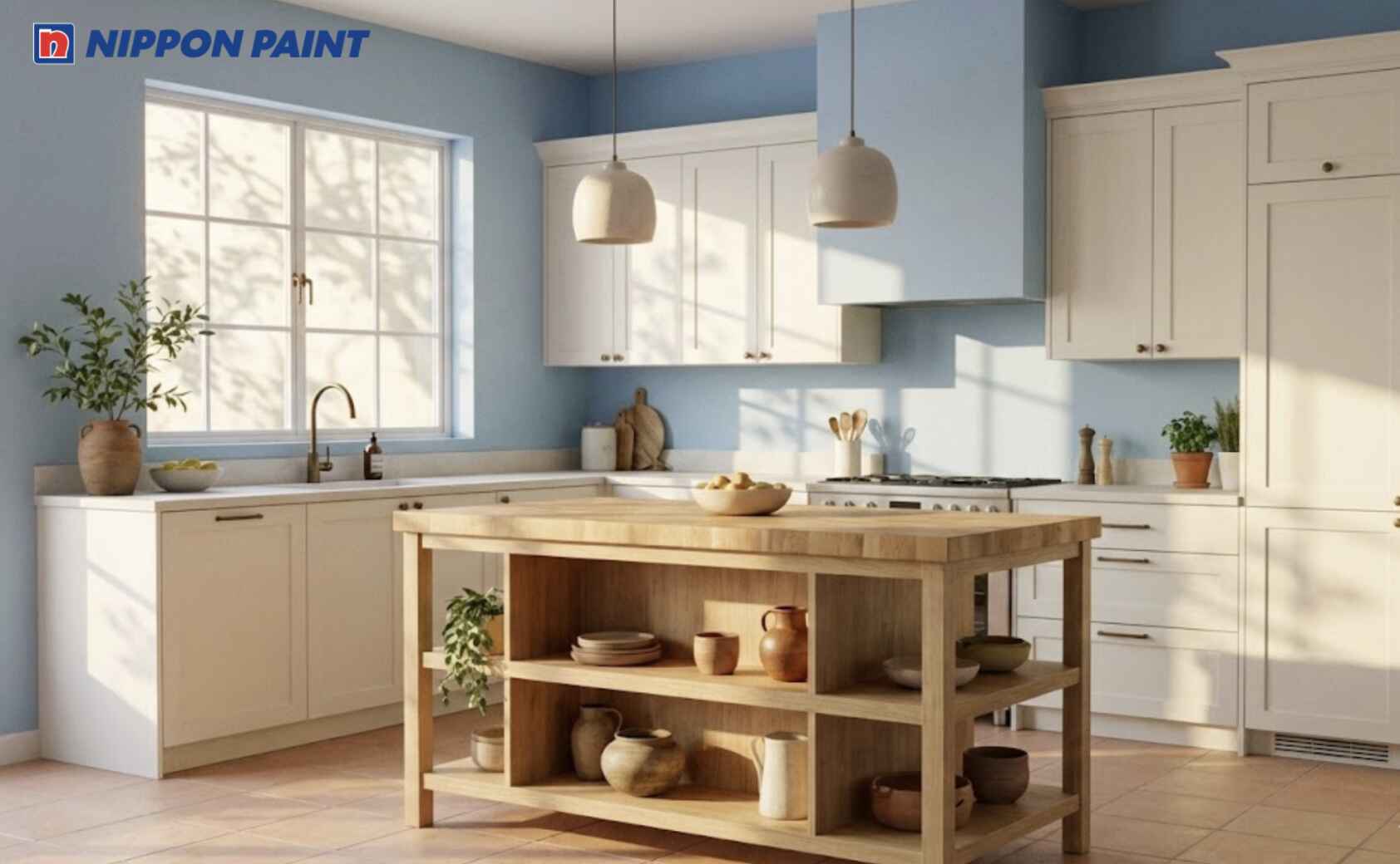 Gam xanh pastel kết hợp trắng giúp bếp Bính Tý 1996 luôn thông thoáng