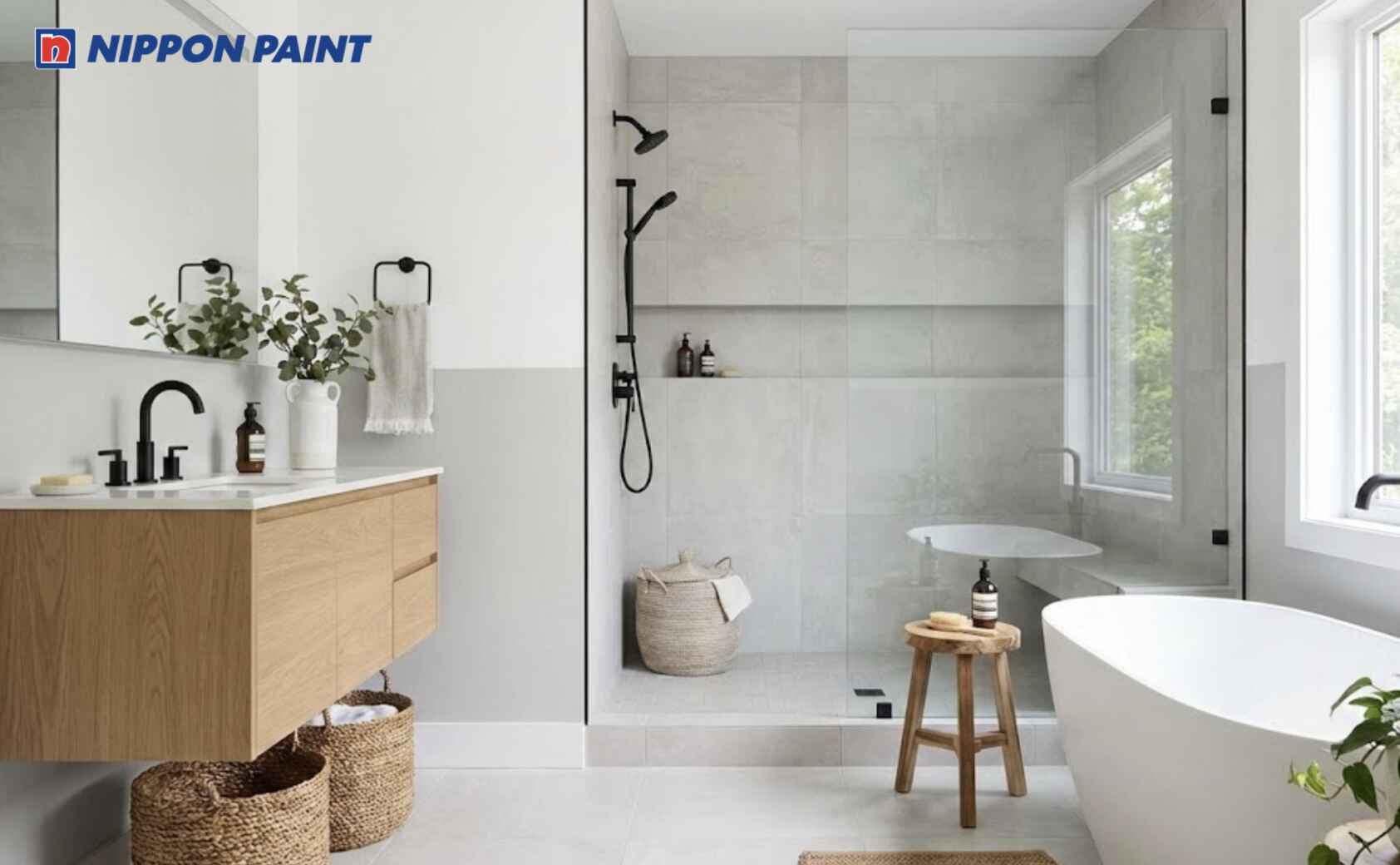 Trắng tinh khiết kết hợp xám nhạt giúp phòng vệ sinh thoáng sạch, cân bằng năng lượng