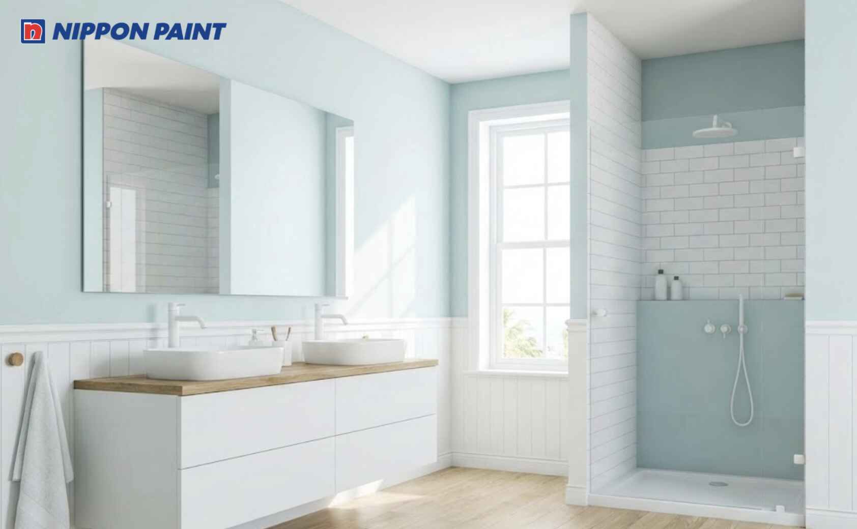 Xanh biển nhạt phối trắng tạo cảm giác mát mẻ, giảm ẩm và hài hòa phong thủy