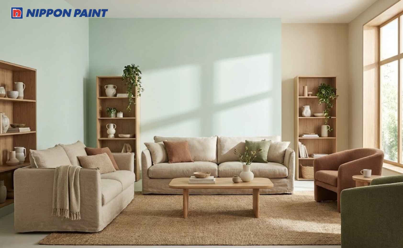 Phối xanh nhạt cùng be sáng phù hợp với nhịp sống chậm rãi của Bính Tý