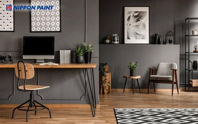 Phòng làm việc xám hiện đại, cân bằng giữa sự chuyên nghiệp và thoải mái