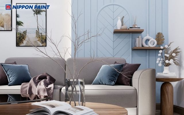 Phòng khách xám sáng thoáng đãng, giúp không gian rộng rãi và tràn đầy sức sống