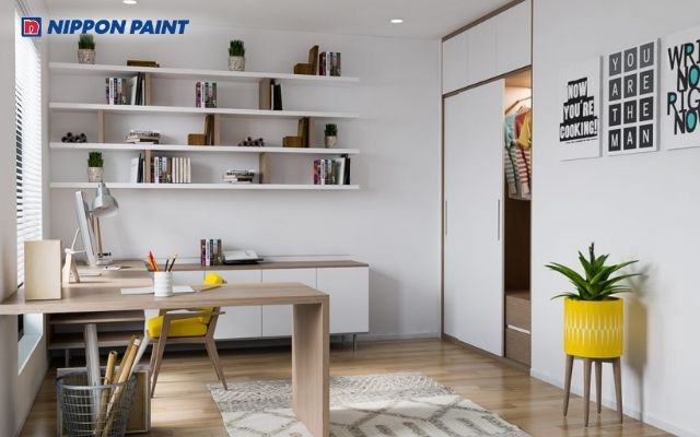 Phòng làm việc trắng thanh lịch, mang lại cảm giác gọn gàng và rõ ràng