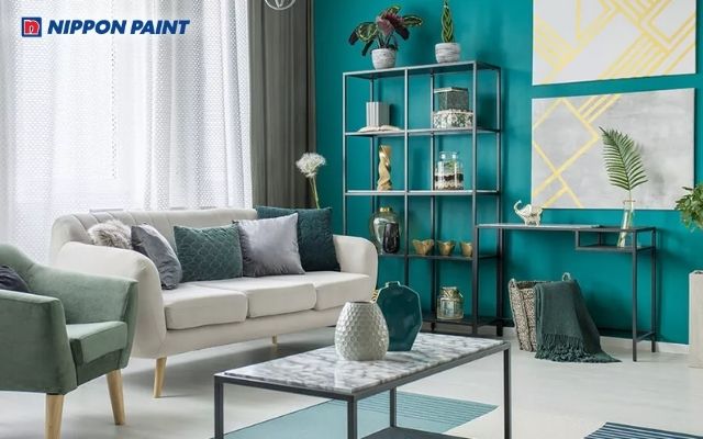 Phòng khách tông xanh dịu mát, tạo cảm giác thư thái và cân bằng năng lượng