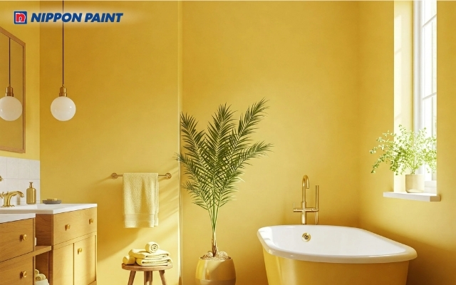 Phòng tắm dùng vàng đất kết hợp ánh sáng tự nhiên tạo nên bầu không khí thư giãn