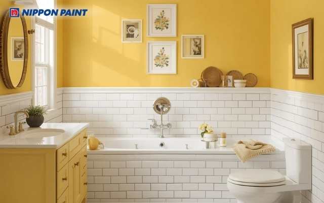 Phòng tắm với sắc vàng sậm tạo cảm giác ấm áp ngay khi bước vào