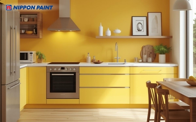 Sự kết hợp màu sắc hài hòa tạo nên một căn bếp vừa hiện đại vừa giàu sinh khí