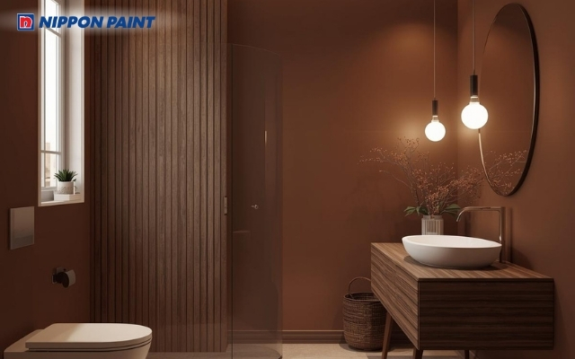 Gam vàng nâu trầm mang lại cảm giác vững chắc, giúp phòng tắm hiện đại