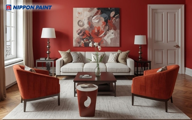 Điểm xuyết sắc đỏ gạch trên nền tường trung tính giúp thu hút vượng khí cho gia chủ