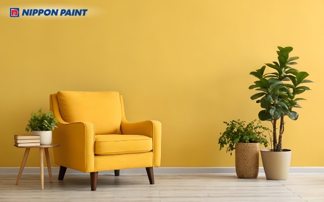 Phòng khách với màu vàng tạo nguồn năng lượng tích cực ngay từ lối vào