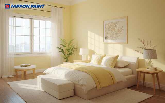 Vàng nhạt ánh be giúp phòng ngủ nhẹ nhàng và rất hợp mệnh Thổ